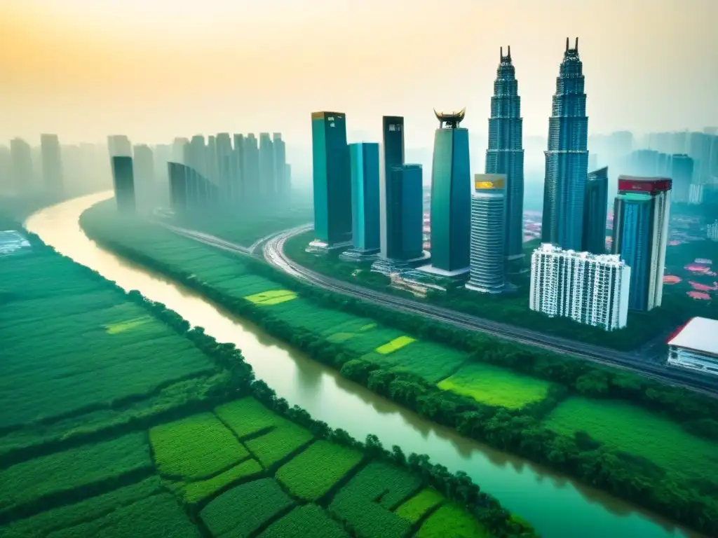 Mercado inmobiliario asiático: mezcla de cultura e innovación Vista aérea de una ciudad en Asia, con rascacielos y vegetación, reflejando el dinámico mercado de financiamiento inmobiliario en Asia