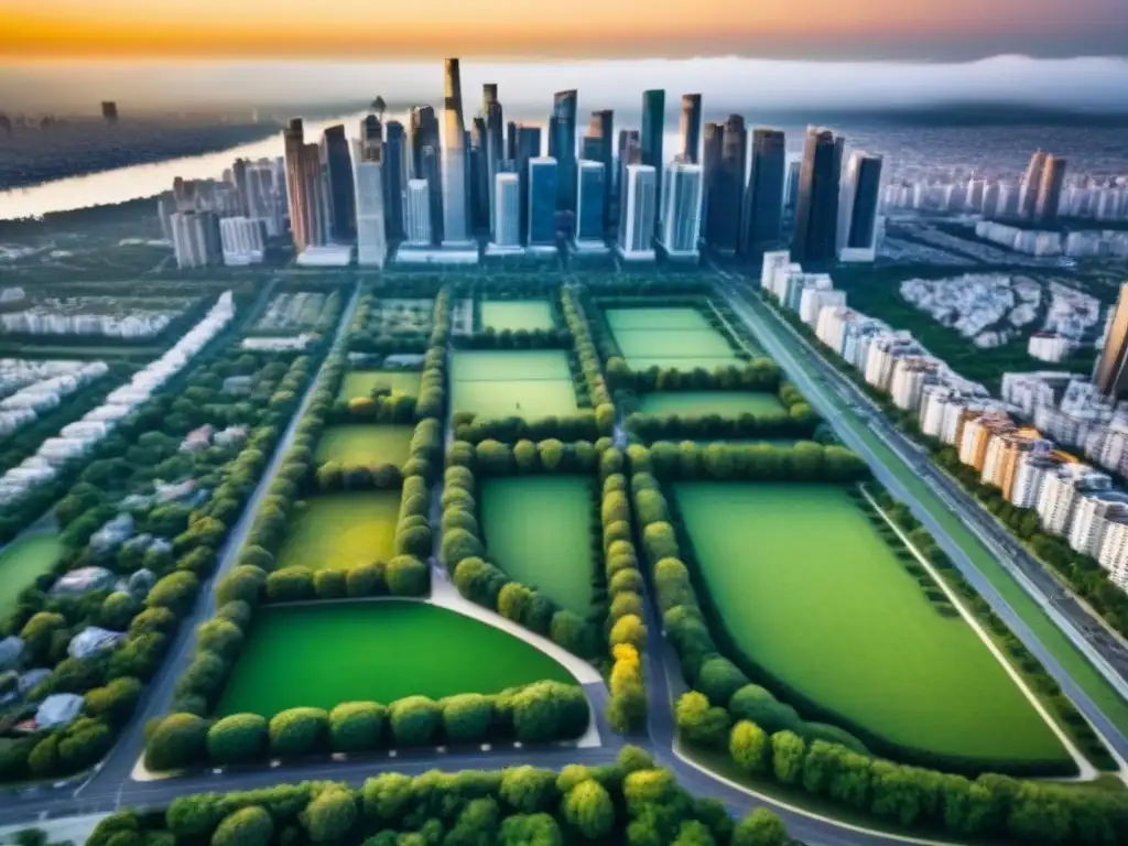 Metrópolis en crecimiento: potencial inmobiliario en áreas urbanas Vista aérea de una ciudad con rascacielos modernos y parques verdes, simbolizando oportunidades de inversión en Regiones con potencial valorización inmobiliaria