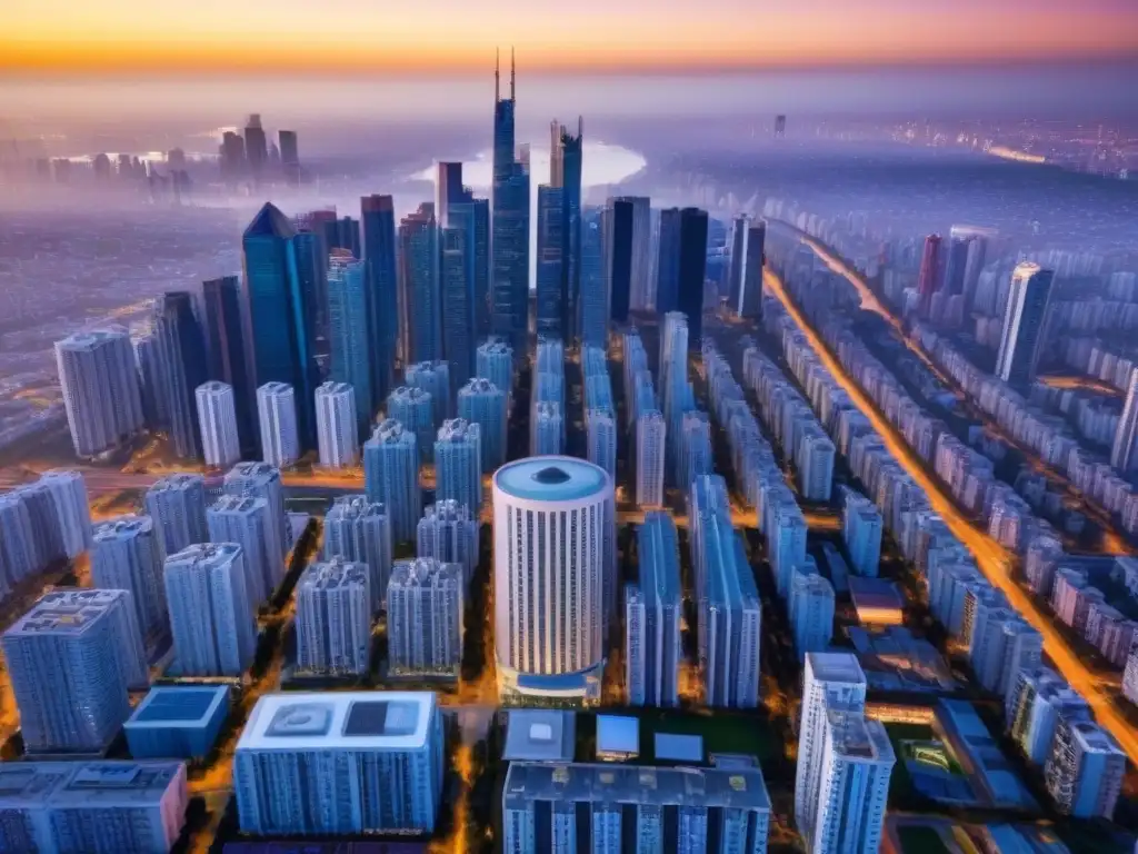 Metrópolis moderna: paisaje urbano en crecimiento al atardecer Vista aérea de una ciudad con rascacielos y edificios residenciales, simbolizando el crecimiento inmobiliario por regiones
