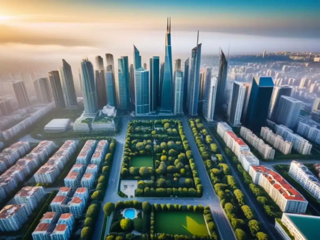 Vista aérea impresionante de ciudad dinámica y arquitectura moderna Vista aérea de ciudad con rascacielos y edificios residenciales, simbolizando estrategias inversión alineadas políticas vivienda