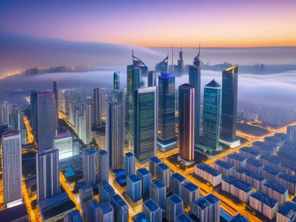 Vista aérea de una ciudad con rascacielos modernos y edificios altos