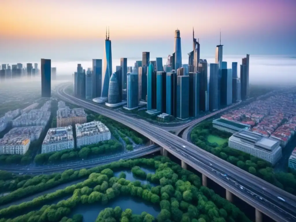 Mercado inmobiliario internacional: ciudad vibrante con rascacielos Vista aérea de una ciudad con rascacielos y una vibrante actividad inmobiliaria en mercados extranjeros