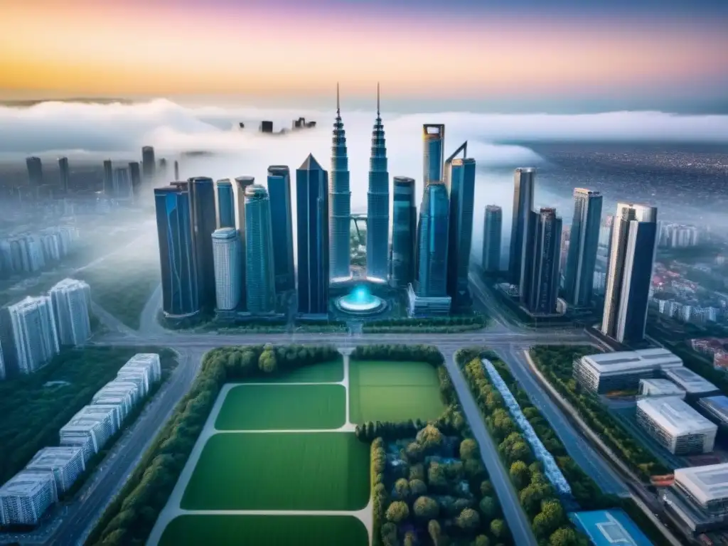 Vibrante panorama urbano: rascacielos y regulaciones inmobiliarias Vista aérea de ciudad con rascacielos y edificios residenciales, reflejando energía dinámica y excepciones normativa local financiamiento inmobiliario