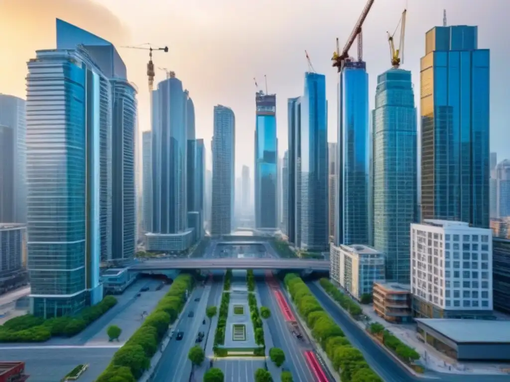 Metrópolis dinámica: regulaciones inmobiliarias impactan en paisaje urbano Vista aérea de ciudad con rascacielos y edificios residenciales, reflejando diversidad urbana bajo regulaciones locales financiamiento inmobiliario