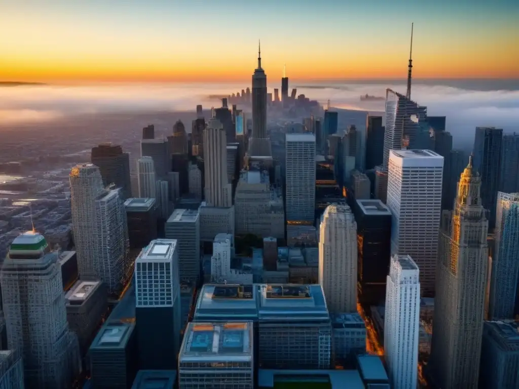 Horizonte urbano al atardecer: símbolo de resiliencia inmobiliaria Vista aérea de una ciudad con rascacielos y edificios históricos, simbolizando la resiliencia del mercado inmobiliario postcrisis inversores