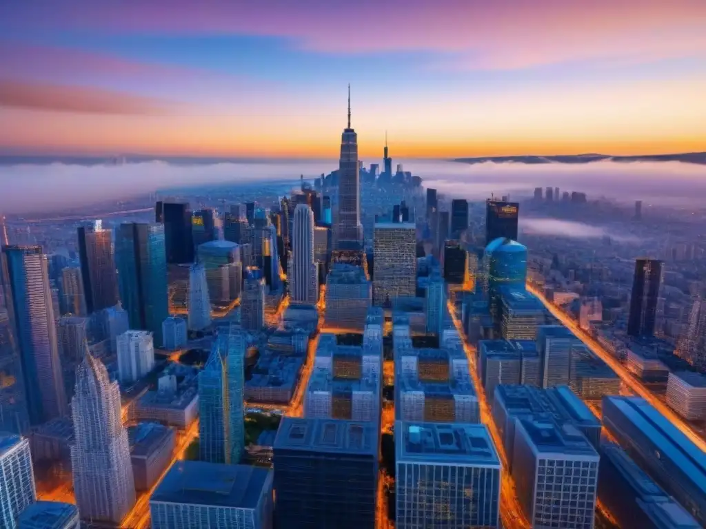 Blockchain inmobiliario: transparencia en la ciudad futurista Vista aérea de una ciudad con rascacielos modernos interconectados por redes blockchain, simbolizando un mercado inmobiliario transparente