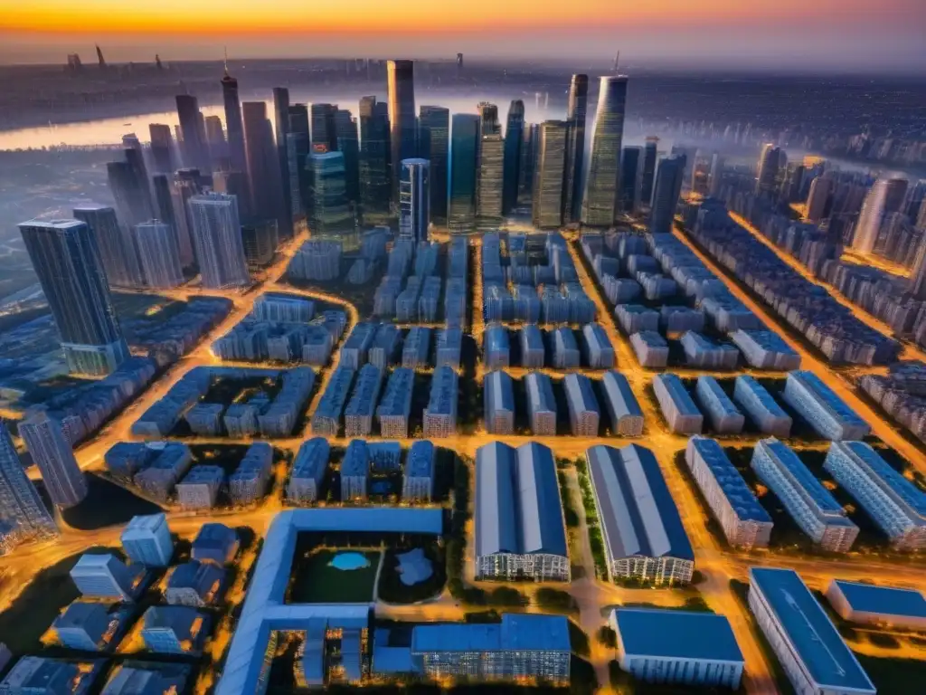 Resiliencia urbana: ciudad poscrisis en pleno auge inmobiliario Vista aérea de ciudad con rascacielos y edificios residenciales, reflejo de la recuperación del mercado inmobiliario bajo políticas gubernamentales