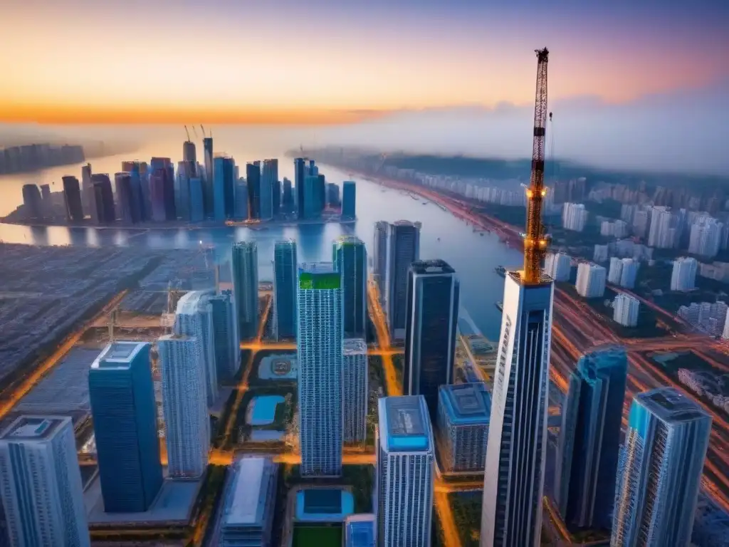 Metrópolis en crecimiento: skyline urbano y desarrollo inmobiliario Vista aérea de una ciudad con rascacielos y grúas en construcción, simbolizando la recuperación del mercado inmobiliario para inversores