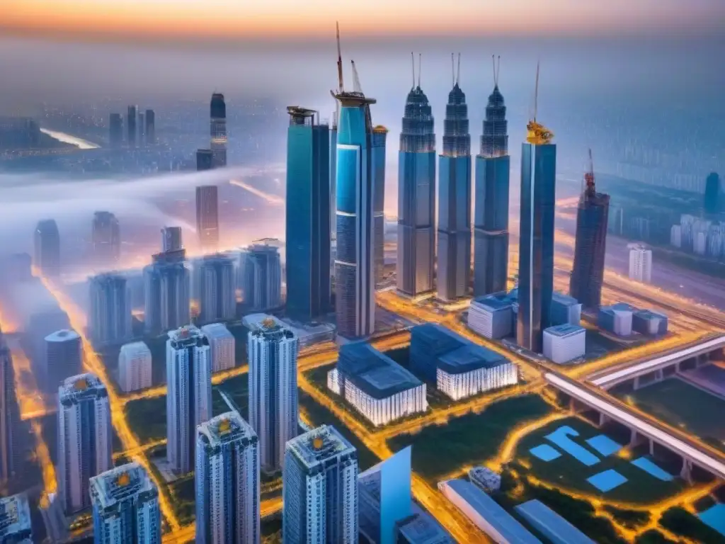 Desarrollo inmobiliario monumental: visión futurista de la ciudad Vista aérea de una ciudad con rascacielos y obras de construcción, simbolizando el crecimiento y la innovación en el financiamiento proyectos inmobiliarios monumentales