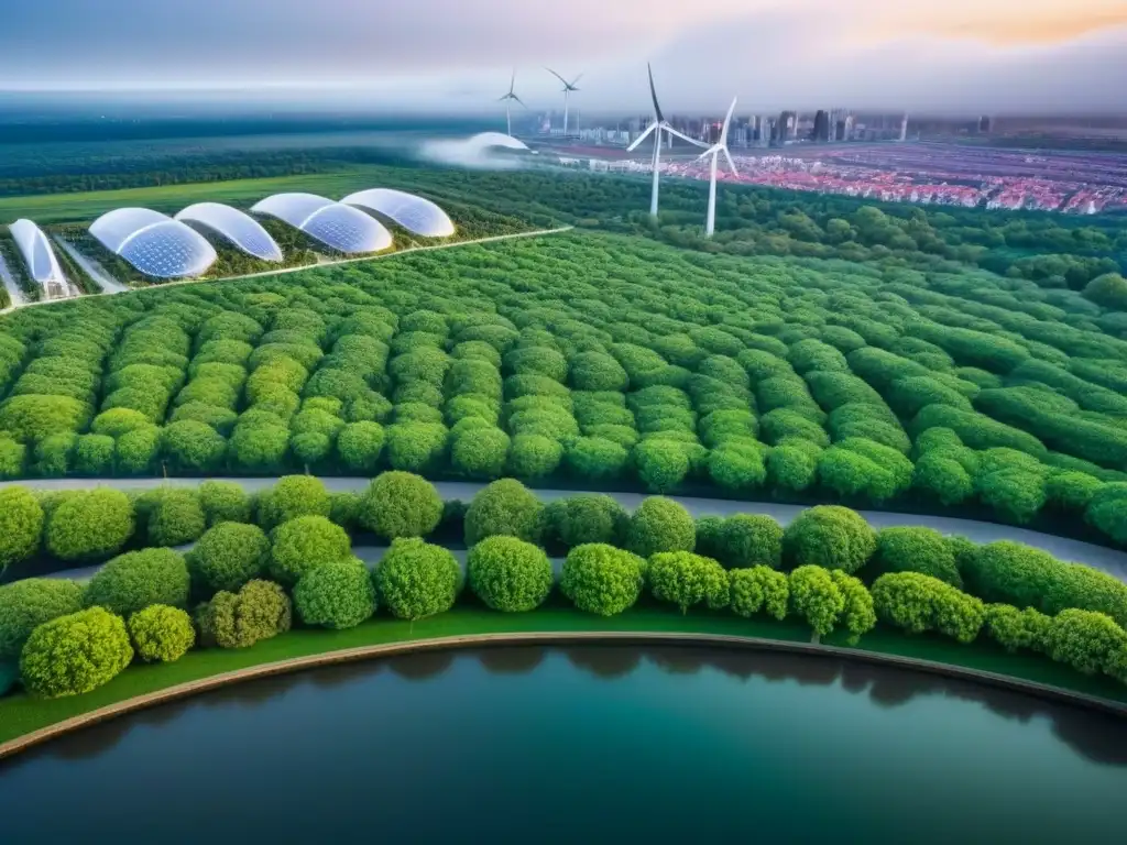 Vista aérea de una ciudad sostenible con edificios verdes, paneles solares y turbinas eólicas