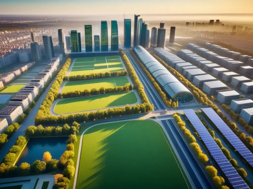 Cityscape sostenible: arquitectura eco-amigable y naturaleza en armonía Vista aérea de una ciudad sostenible con espacios verdes, paneles solares y transporte público eficiente