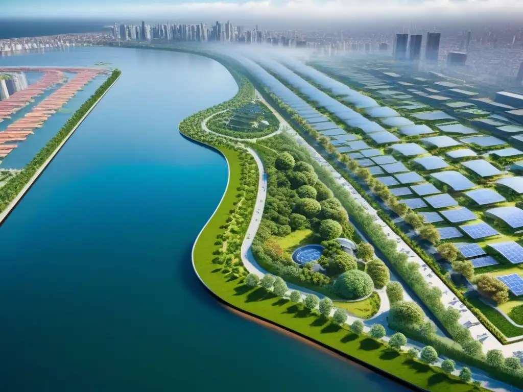 Cityscape sostenible: belleza urbanística y naturaleza en armonía Vista aérea de ciudad sostenible con techos verdes, paneles solares, y transporte público eficiente