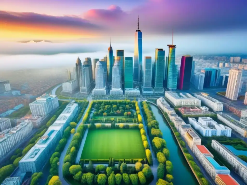 Cityscape: armonía entre modernidad y patrimonio cultural Vista aérea de una ciudad vibrante, fusionando rascacielos modernos con monumentos históricos