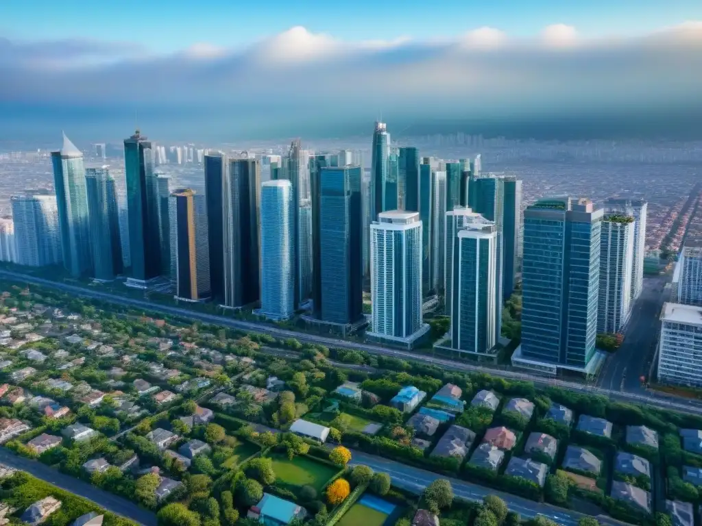 Vista aérea de una ciudad vibrante con rascacielos, edificios residenciales y espacios verdes, ideal para invertir en bienes raíces a largo plazo