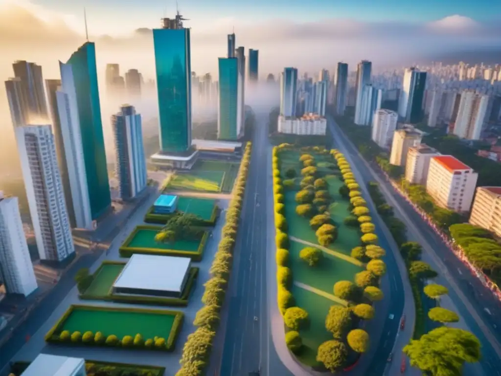 Vibrante ciudad latinoamericana: modernidad y tradición Vista aérea de una ciudad vibrante en América Latina con modernos rascacielos y edificios residenciales, reflejando la energía urbana