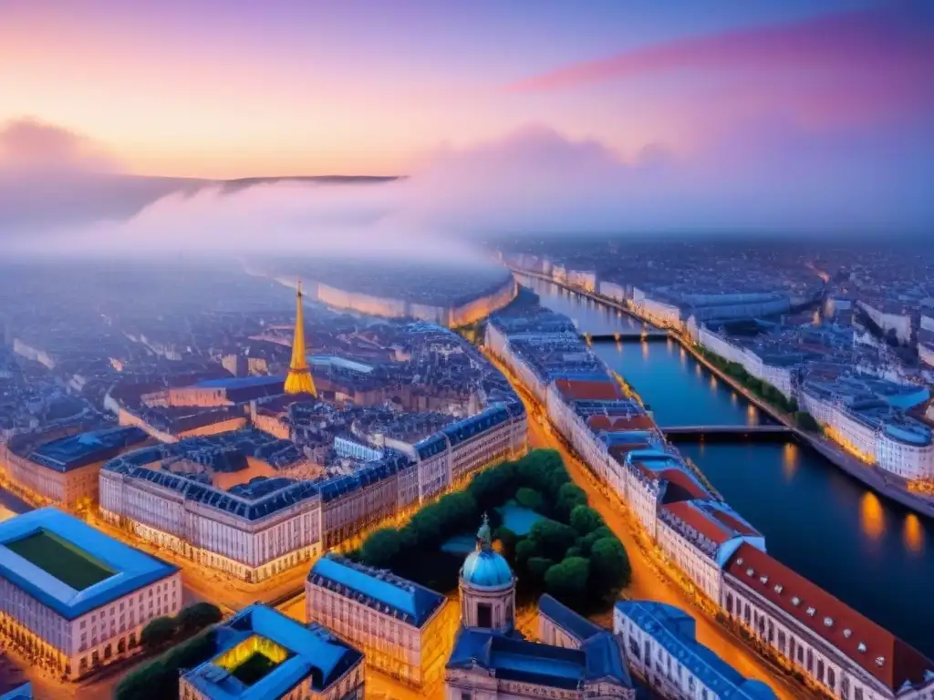 Panorámica nocturna de una ciudad europea: luces y arquitectura Vista aérea de una ciudad europea vibrante al anochecer, con arquitectura histórica y rascacielos modernos iluminados por las luces de la ciudad