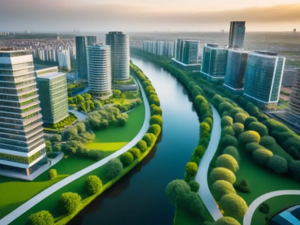 Arquitectura urbana y naturaleza: la esencia de la vida moderna Vista aérea de una ciudad vibrante con rascacielos modernos y parques verdes, equilibrio entre sofisticación urbana y belleza natural