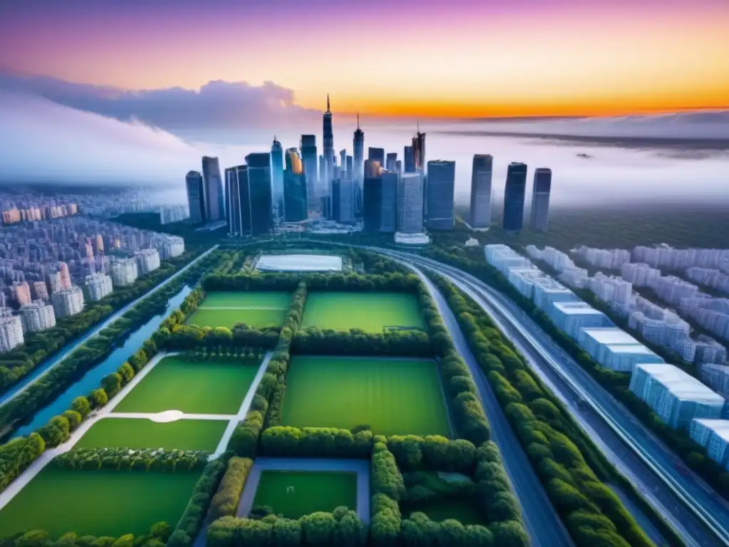 Inversión inmobiliaria 2023: Metrópolis moderna al atardecer Vista aérea de una ciudad vibrante con rascacielos, parques verdes y vecindarios coloridos