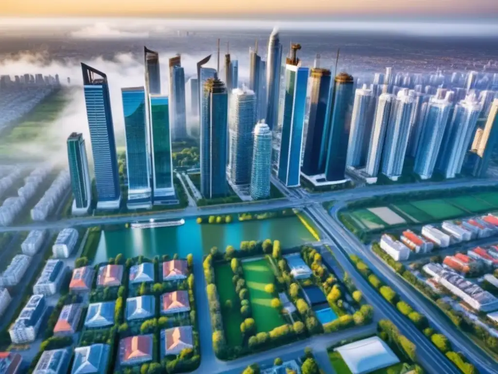 Metrópolis vibrante: Inversión inmobiliaria en 2023 Vista aérea de una ciudad vibrante con rascacielos modernos y espacios verdes, reflejando el potencial de inversiones inmobiliarias en 2023
