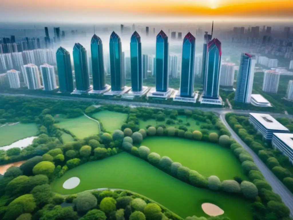 Skyline urbano: armonía entre rascacielos y parques verdes Vista aérea de una ciudad vibrante con rascacielos modernos y parques verdes, reflejando mercados inmobiliarios regionales accesibles