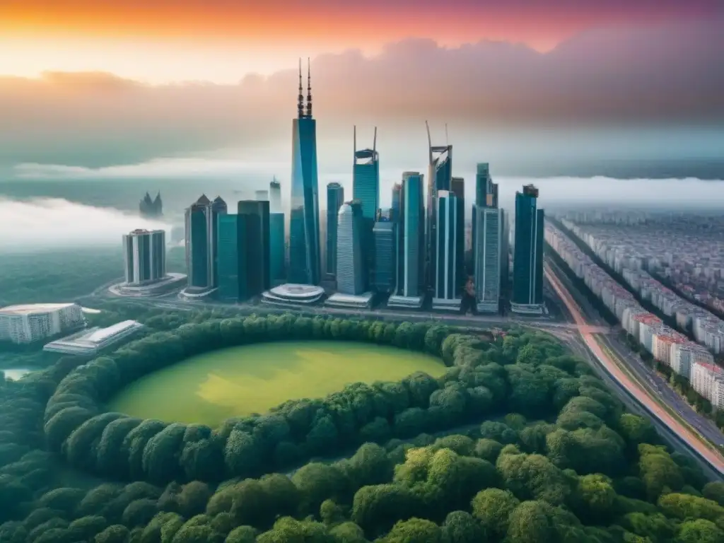 Skyline vibrante: inversión inmobiliaria en ciudad pujante Vista aérea de una ciudad vibrante con rascacielos modernos, reflejando un crecimiento inmobiliario por regiones