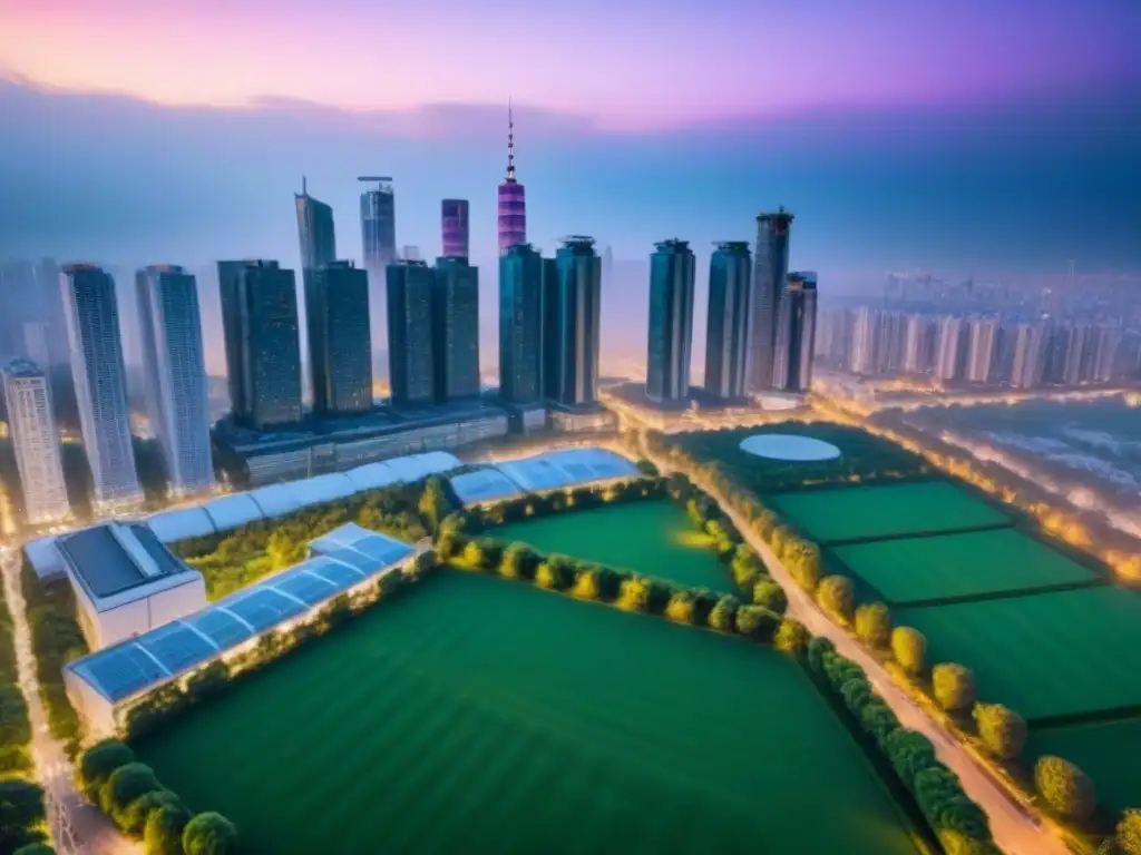Vista aérea de ciudad vibrante al anochecer, con modernos rascacielos iluminados y parques verdes, ideal para inversión inmobiliaria emergente