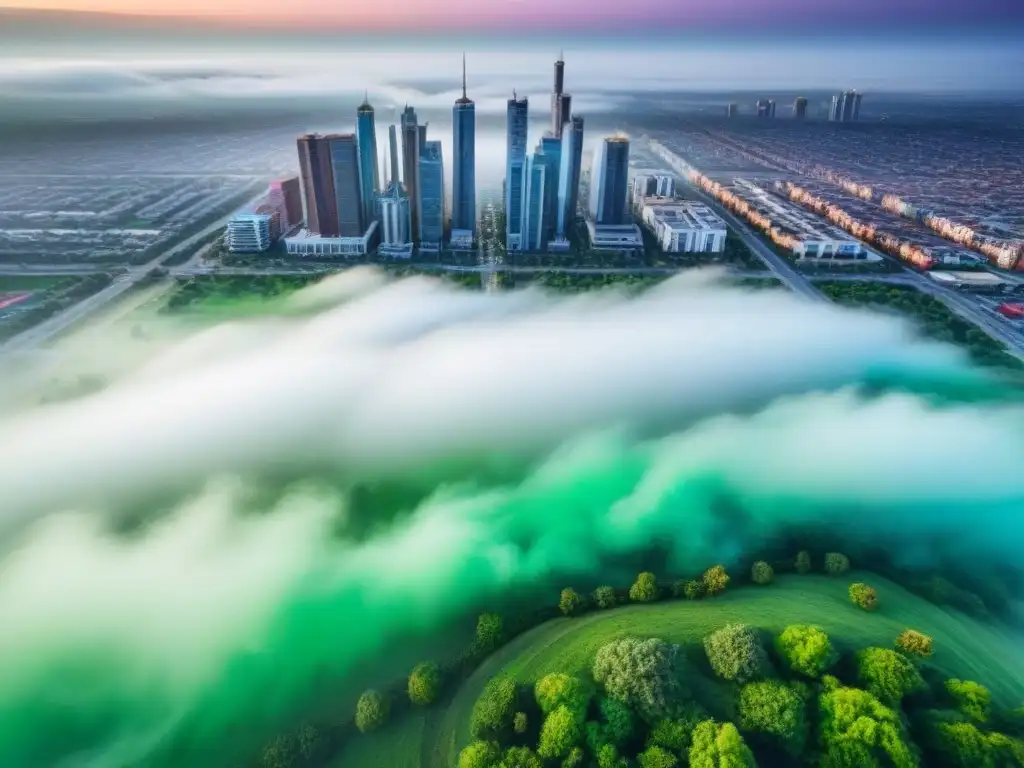 Vista aérea de una ciudad vibrante con arquitectura moderna y oportunidades de inversión inmobiliaria en las mejores zonas emergentes