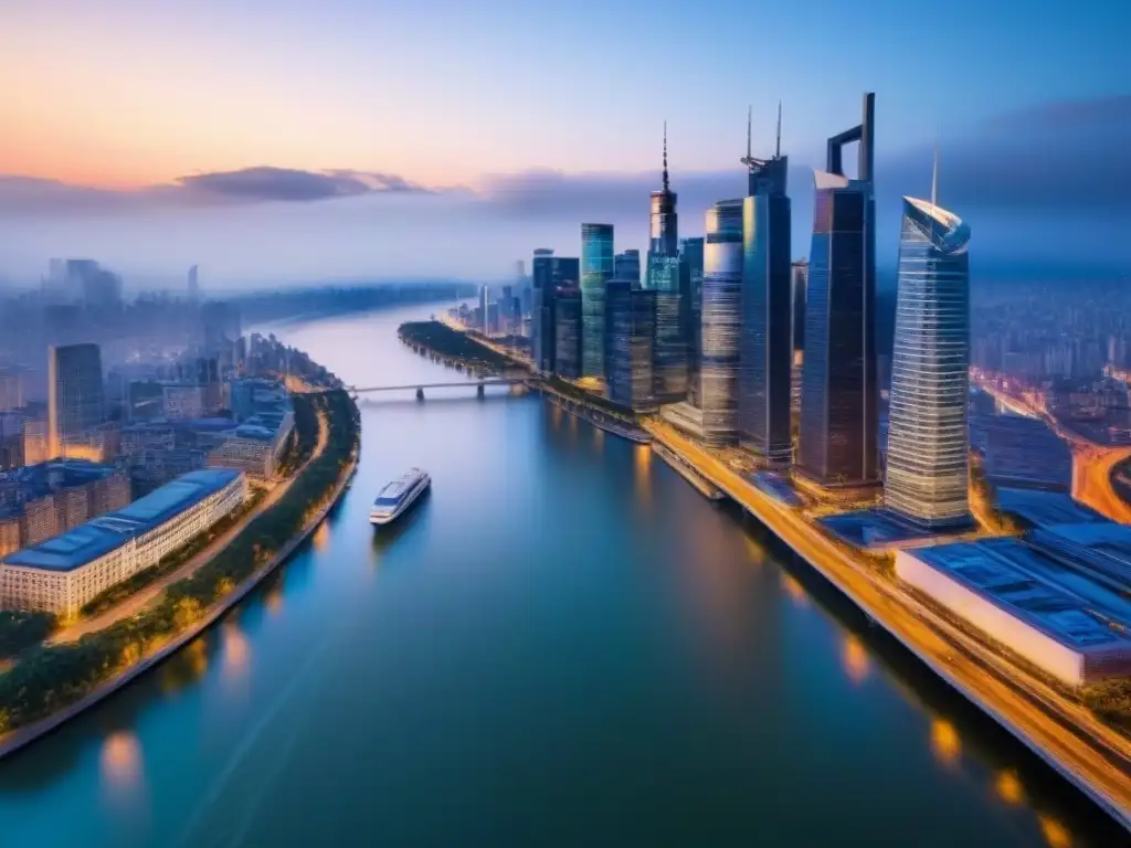 Vista aérea de una ciudad vibrante al atardecer con rascacielos modernos y luces reflejadas en el río