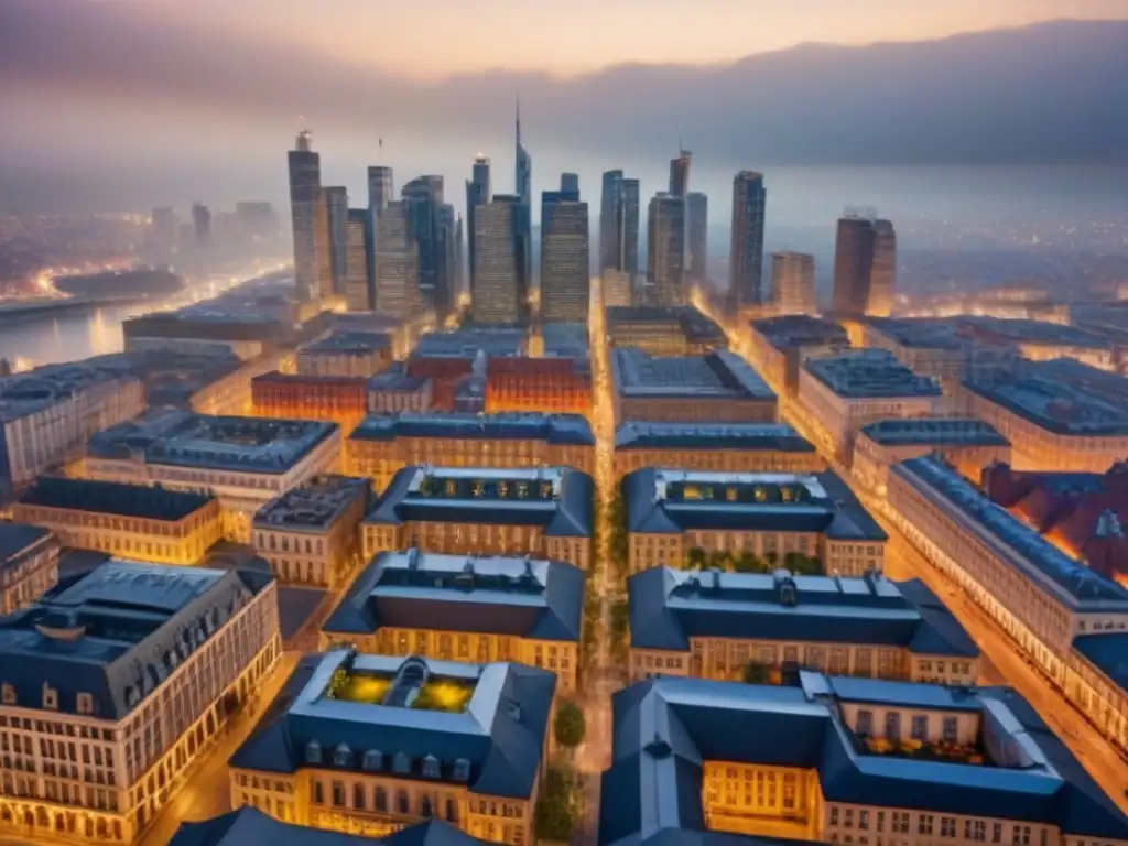 Cityscape vibrante: fusión de lo antiguo y moderno Vista aérea de una ciudad vibrante con edificios históricos y modernos, destacando la importancia de conservación del patrimonio cultural