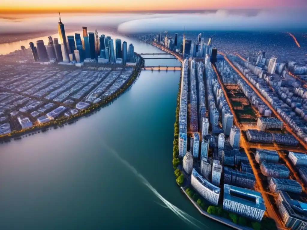 Contrastes arquitectónicos: ciclos inmobiliarios en una ciudad global Vista aérea de una ciudad vibrante con mezcla de arquitectura moderna y histórica, simbolizando los ciclos inmobiliarios internacionales inversores