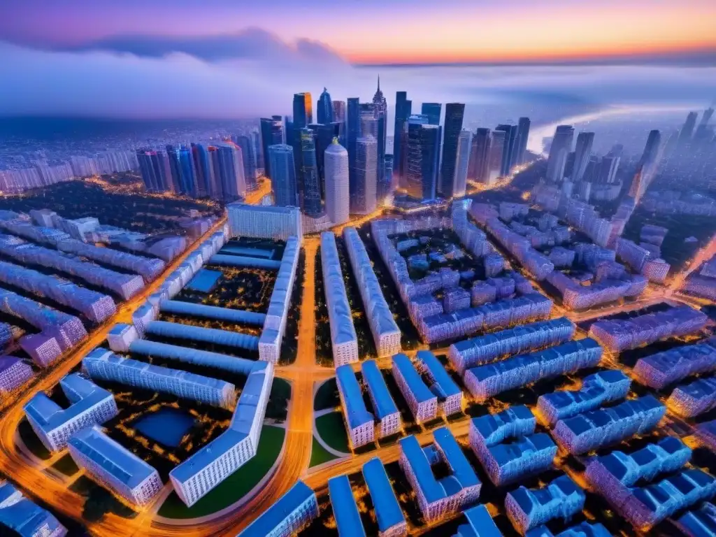 Vista aérea impactante de ciudad enlazada al anochecer Vista aérea de una ciudad vibrante al anochecer, resaltando la importancia de ubicación, accesibilidad y valor de la vivienda