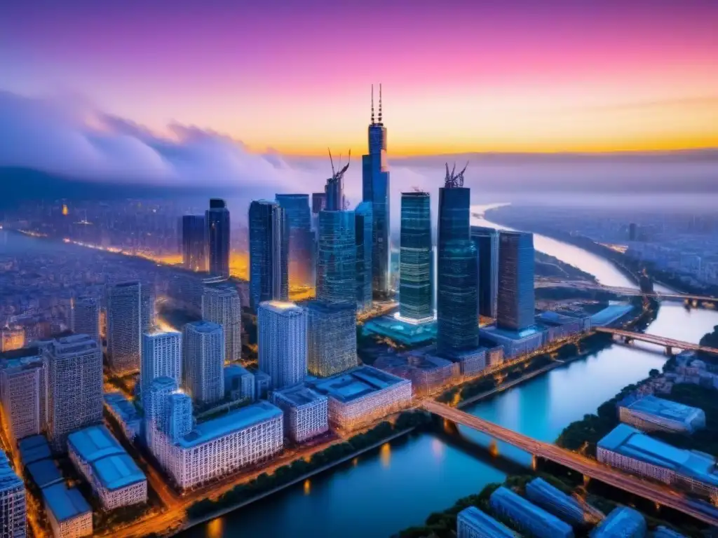 Espectacular vista aérea de ciudad moderna al atardecer Vista aérea de ciudad vibrante al atardecer, con rascacielos iluminados reflejados en un río tranquilo