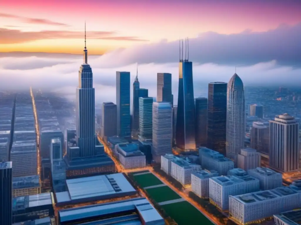 Horizonte urbano: mezcla de rascacielos y edificios históricos al atardecer Vista aérea de una ciudad vibrante con rascacielos modernos y edificios históricos, reflejando la diversidad del paisaje inmobiliario