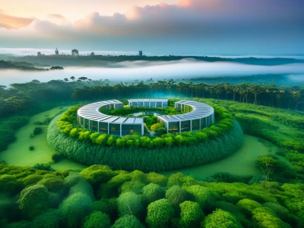 Complejo ecoamigable integrado con la naturaleza Vista aérea de complejo habitacional moderno, sostenible, rodeado de vegetación exuberante, integrado con la naturaleza