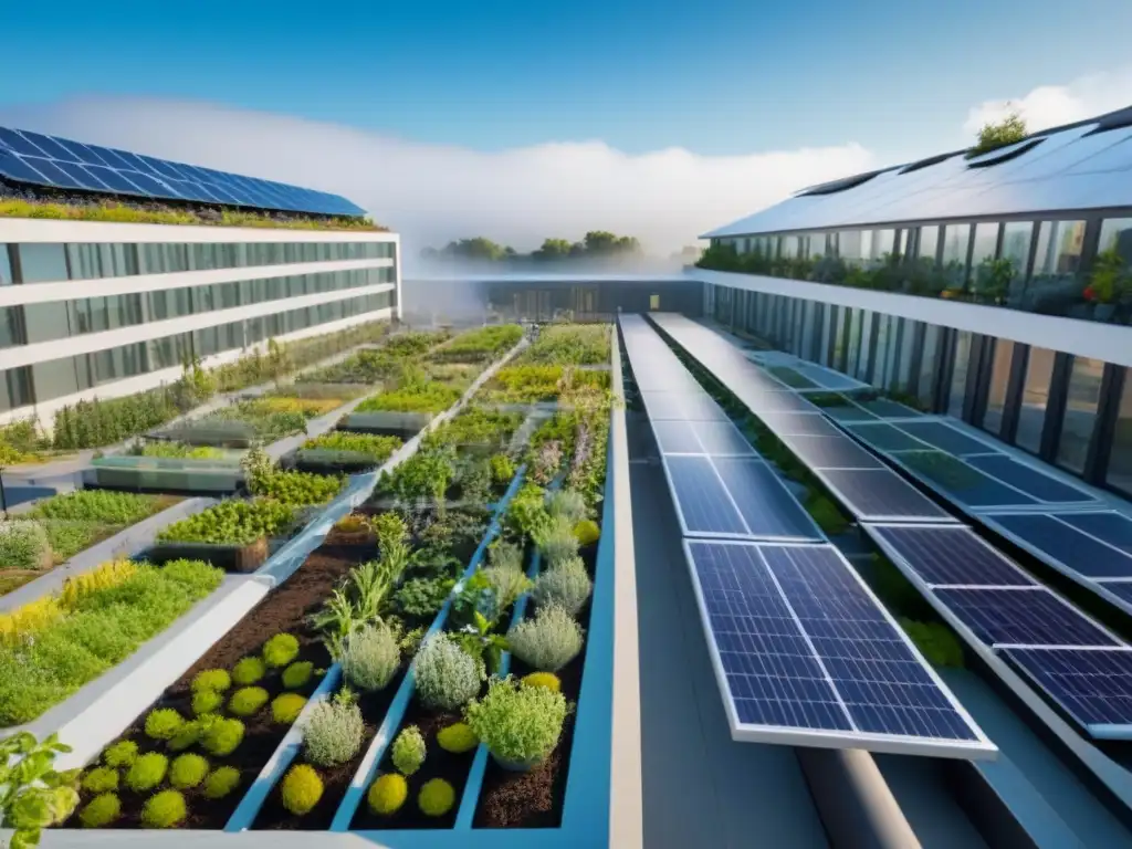 Complejo sustentable: innovación, naturaleza y comunidad Vista aérea de complejo inmobiliario sostenible líder con jardines verdes, paneles solares y comunidad eco