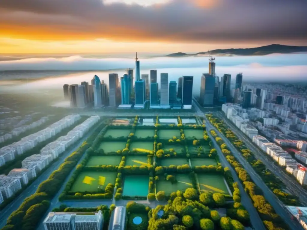 Moderna ciudad en crecimiento: mercado inmobiliario vibrante Vista aérea contemporánea de ciudad animada con rascacielos y áreas verdes, reflejo del mercado inmobiliario comprar vs alquilar