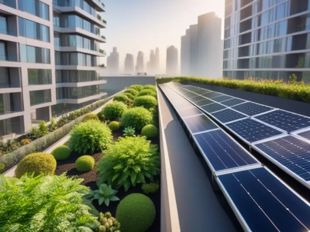 Desarrollo urbano sostenible: arquitectura verde y eficiente Vista aérea de desarrollo urbano sostenible con edificios verdes y paneles solares