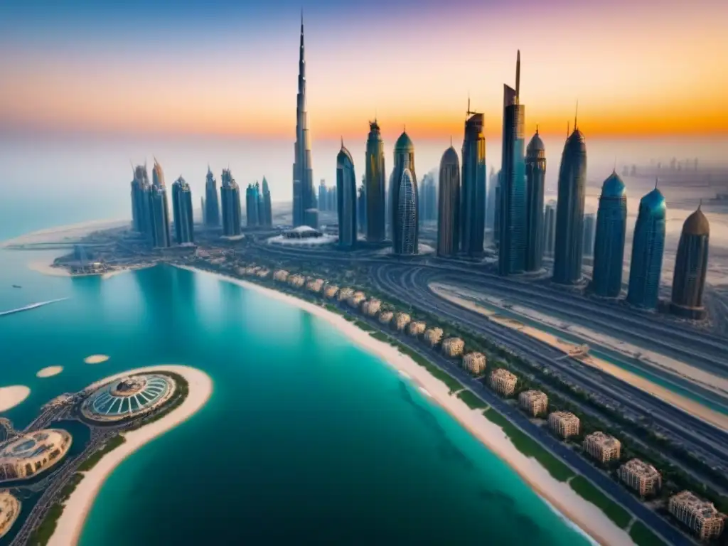 Esplendor urbano: Dubai al atardecer desde las alturas Vista aérea detallada de Dubái al atardecer, resaltando sus rascacielos, la ciudad y el Golfo Pérsico
