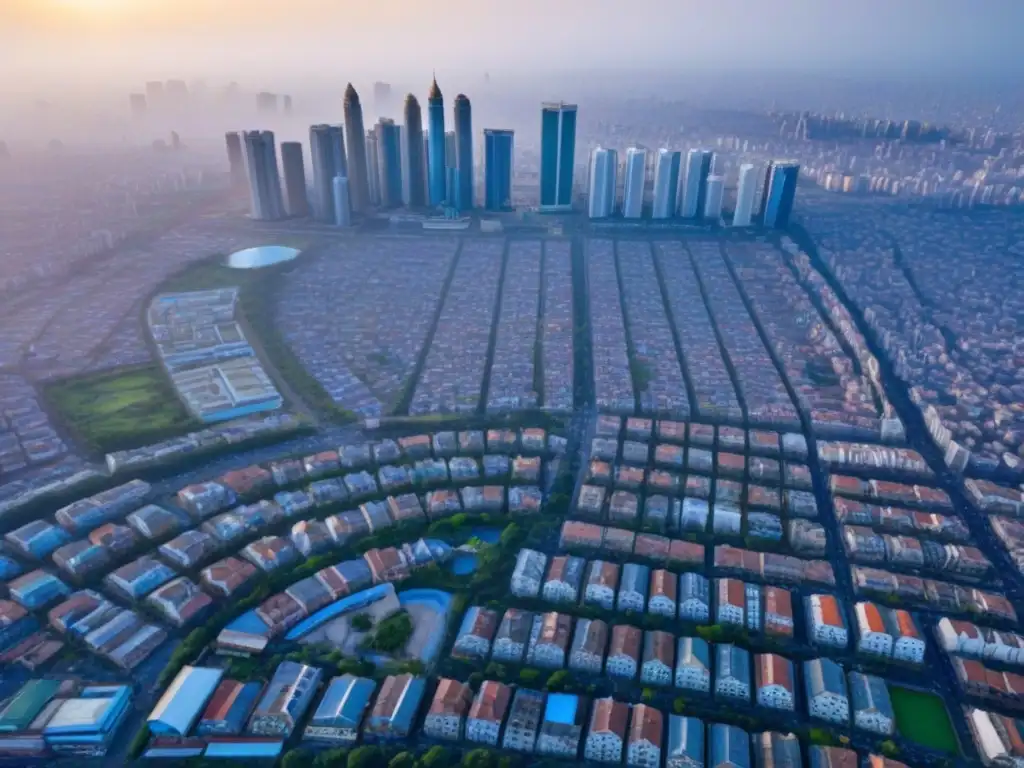 Vibrante ciudad africana: mezcla de modernidad y tradición Vista aérea detallada de una bulliciosa ciudad africana con arquitectura moderna y tradicional