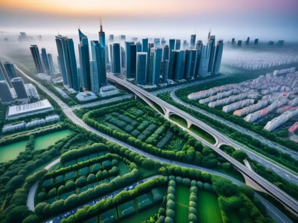 Cityscape vibrante: Oportunidades de inversión inmobiliaria Vista aérea detallada de una ciudad bulliciosa con rascacielos, edificios residenciales y espacios verdes entrelazados