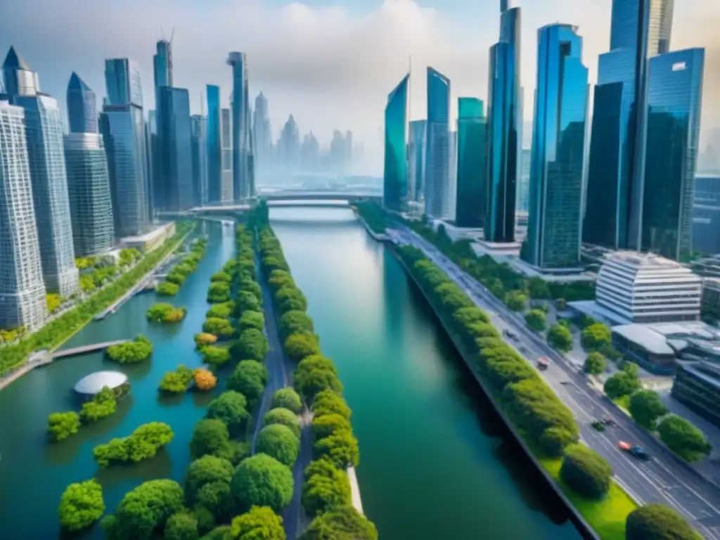 Metrópolis vibrante: arquitectura moderna y energía urbana en auge Vista aérea detallada de una ciudad urbana con rascacielos, edificios altos y calles llenas de tráfico