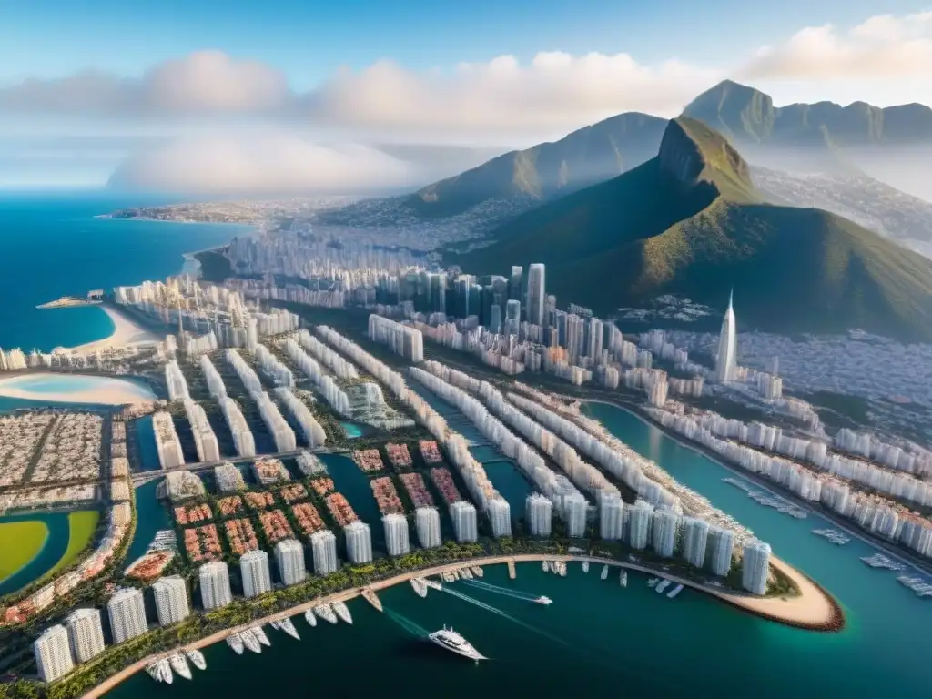 Metrópolis cosmopolita: lujo urbano junto a naturaleza Vista aérea detallada de ciudad con rascacielos, marinas lujosas, yates, montañas y diversidad arquitectónica