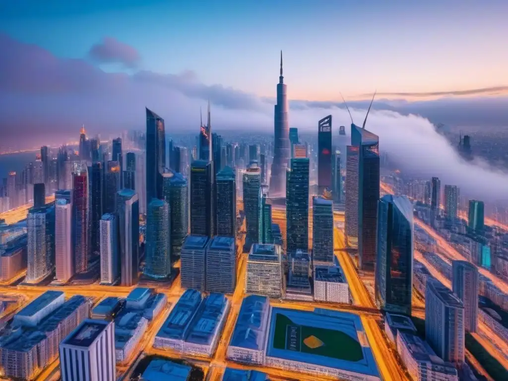 Metrópolis futurista: mercado inmobiliario extranjero en auge Vista aérea detallada de una ciudad futurista con rascacielos y arquitectura moderna, reflejando un próspero mercado inmobiliario extranjero