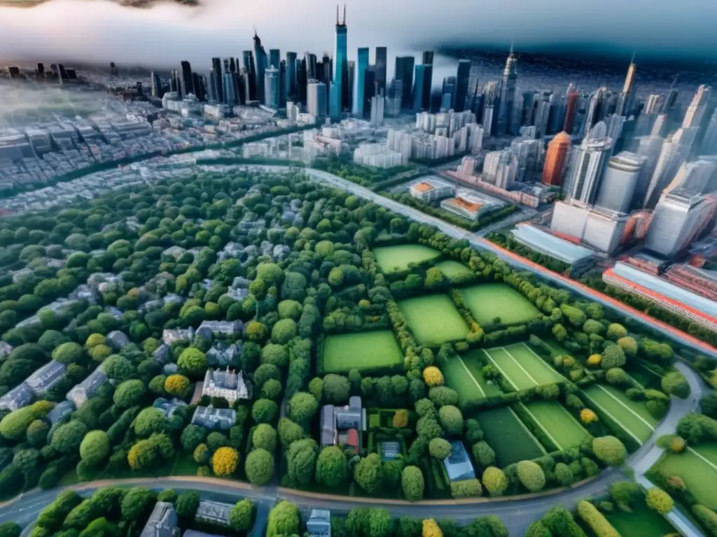 Paisaje urbano diverso: inversión inmobiliaria global Vista aérea detallada de una ciudad bulliciosa con diversidad arquitectónica y espacios verdes