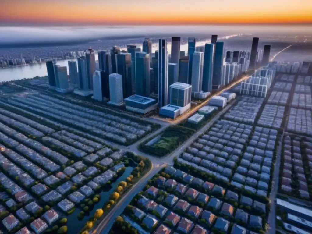 Metrópolis al atardecer: luces, sombras y valoraciones inmobiliarias Vista aérea detallada de una ciudad moderna al atardecer, resaltando la diversidad arquitectónica