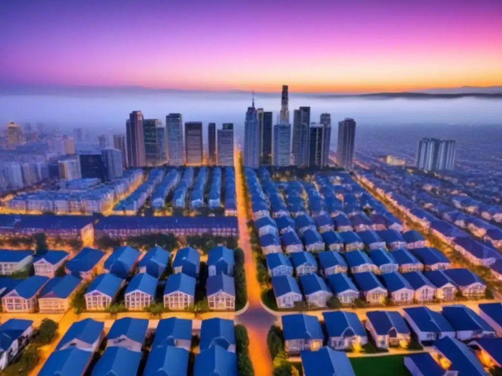 Cityscape atardecer: diversidad de propiedades iluminadas Vista aérea detallada de una ciudad vibrante al anochecer
