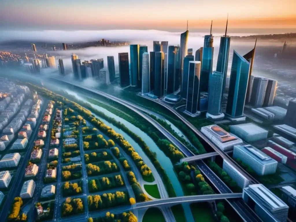 Vista aérea detallada de ciudad moderna con rascacielos y áreas verdes Vista aérea detallada de una ciudad bulliciosa con rascacielos, edificios residenciales y comerciales rodeados de vegetación