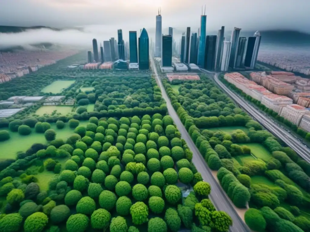 Vista aérea detallada de una ciudad vibrante con rascacielos modernos, arquitectura histórica y parques verdes, reflejando la energía urbana