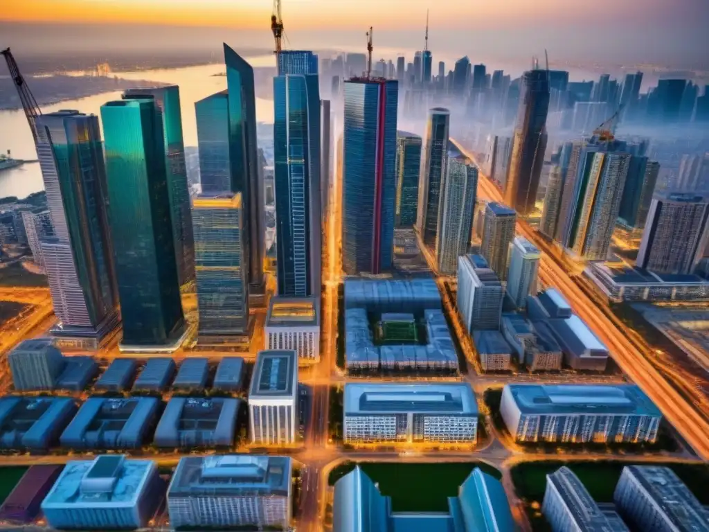 Vibrante mercado inmobiliario: ciudad moderna en crecimiento Vista aérea detallada de una ciudad vibrante con rascacielos modernos y diversidad de propiedades