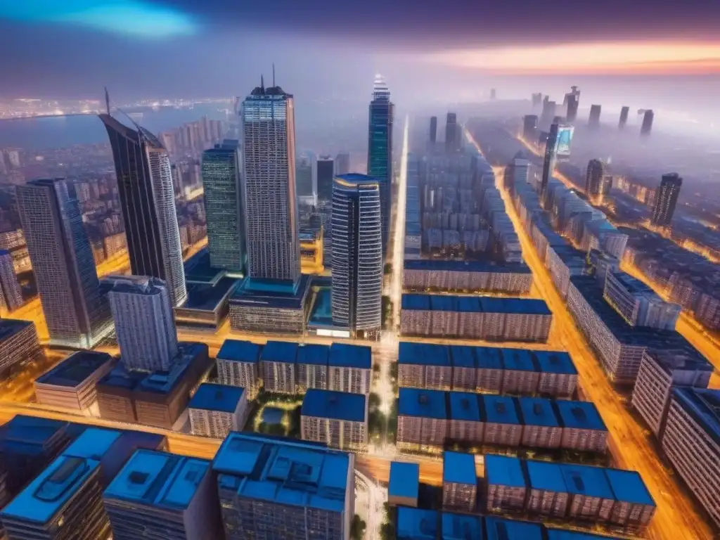 Vista aérea impresionante de una ciudad moderna iluminada por la noche Vista aérea detallada de una ciudad moderna con rascacielos y diseño urbano